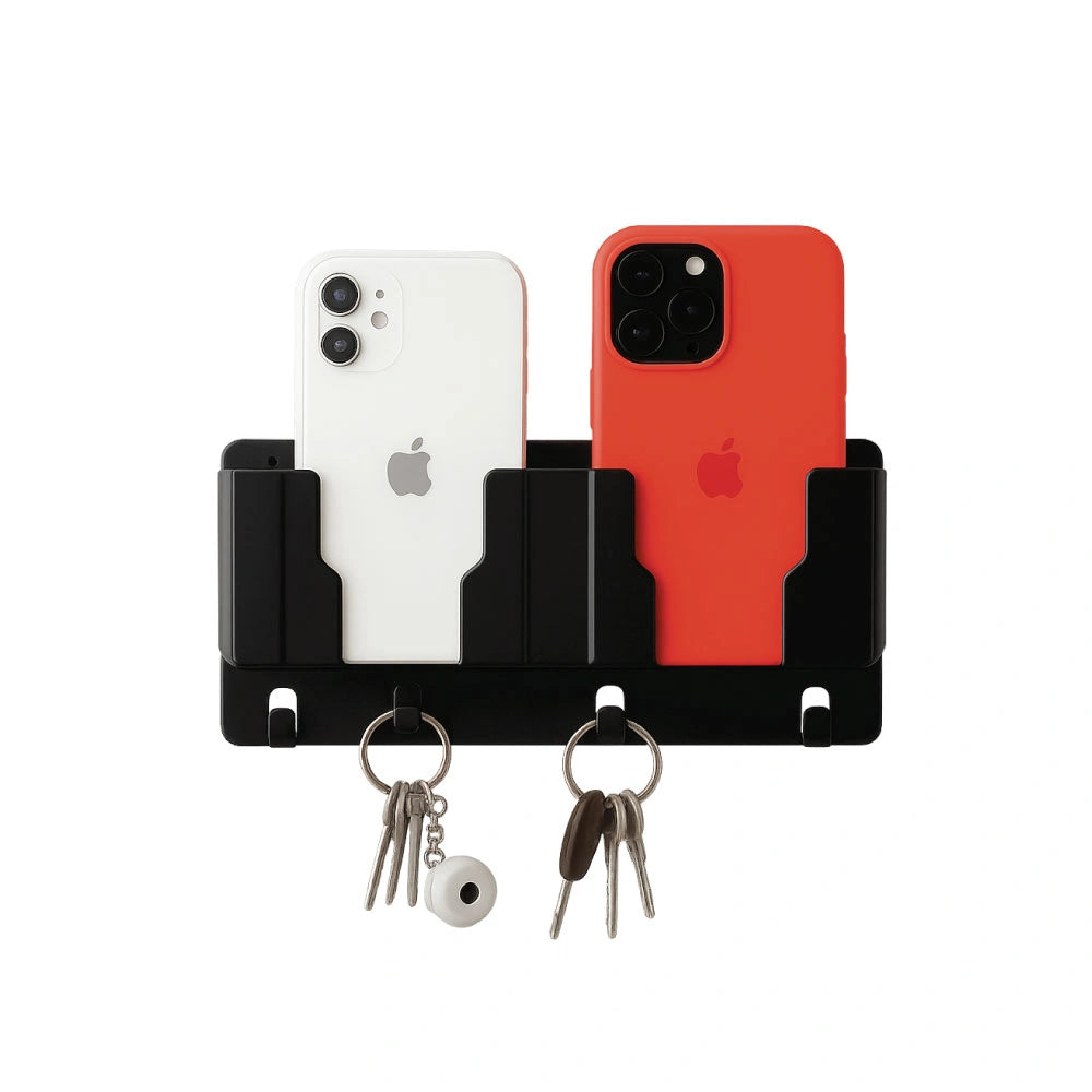 Wall Mounted Mobile Stand and Key Organizer – Dual Phone Holder with Hooks