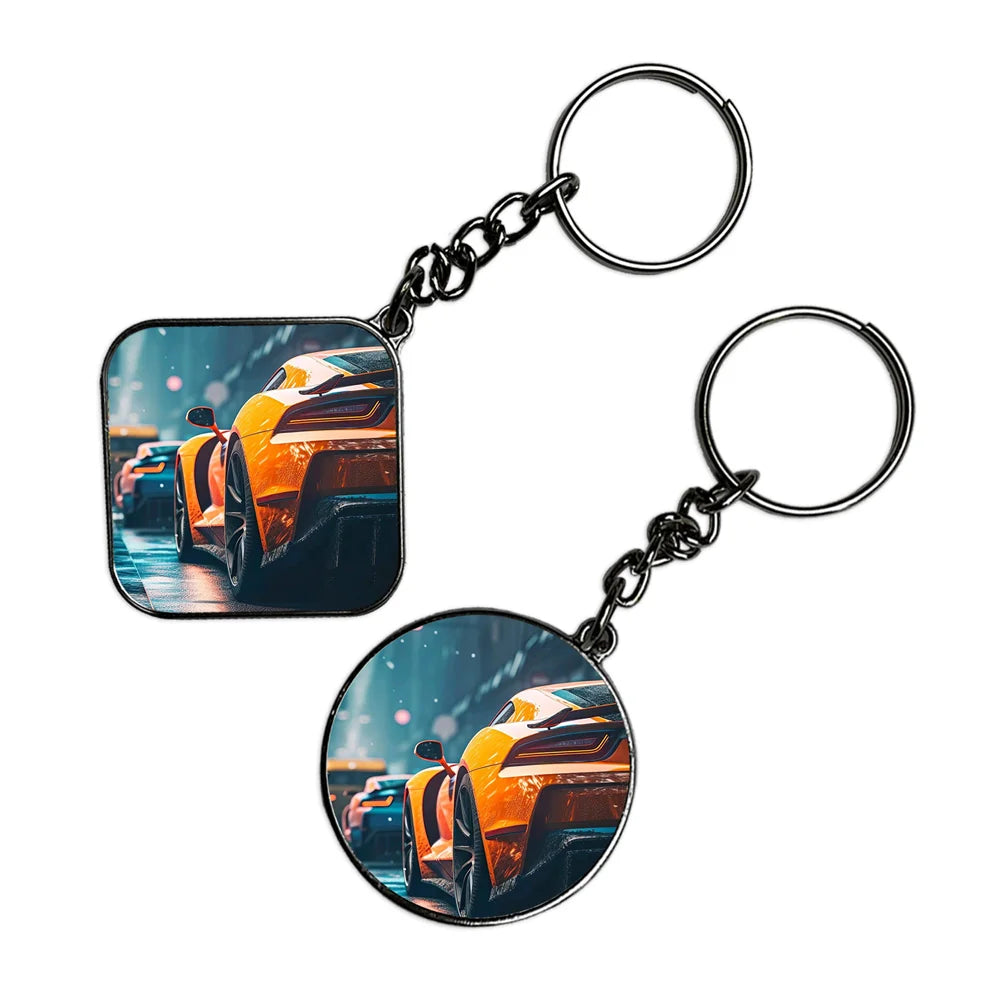 Orange Car - Keychain With Silver Border (Pack Of 2)