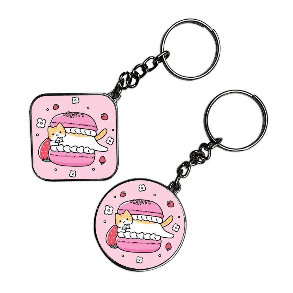Cute Cat With Macroon - Keychain With Silver Border (Pack Of 2)