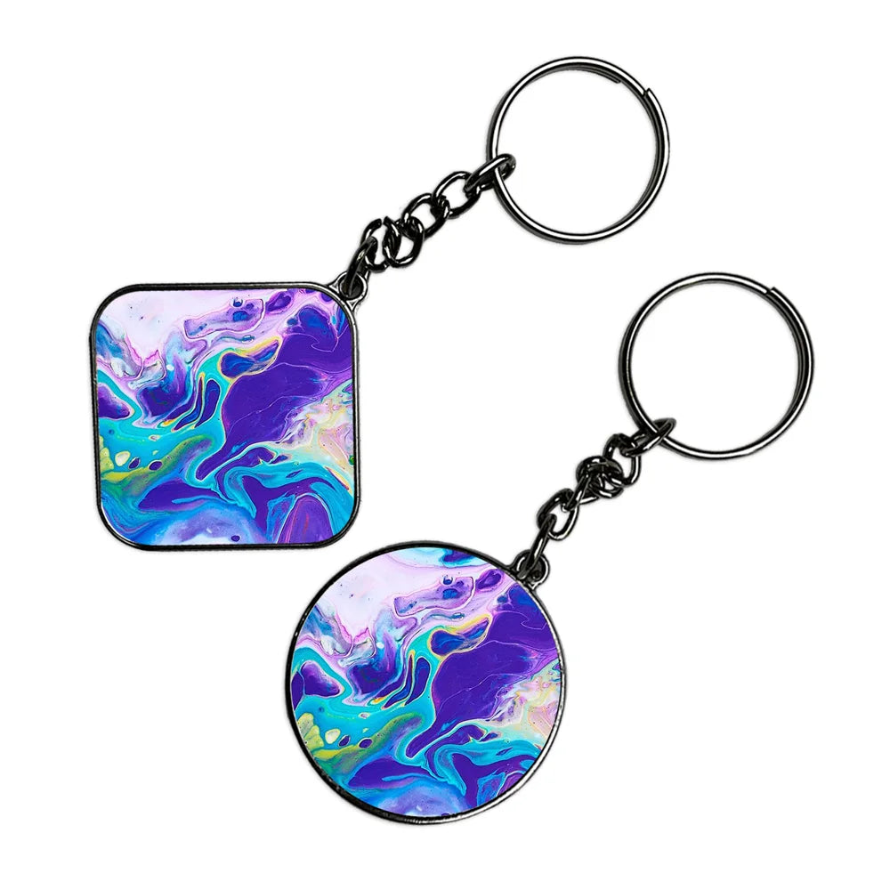 Purple And Blue Swirl - Keychain With Silver Border (Pack Of 2)