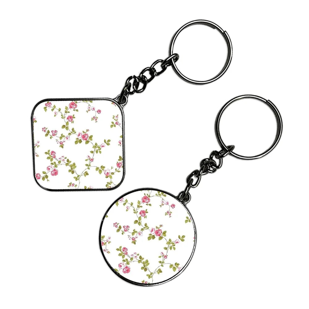 Pink Flowers - Keychain With Silver Border (Pack Of 2)
