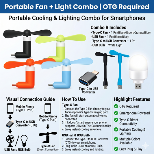 Combo of USB Fan, USB Bulb, Type-C USB Converter & C-Type Fan (OTG Required, No color choice)