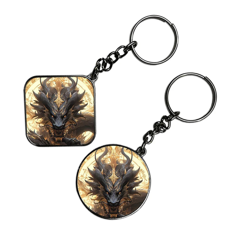 Black And Gold Dragon - Keychain With Silver Border (Pack Of 2)