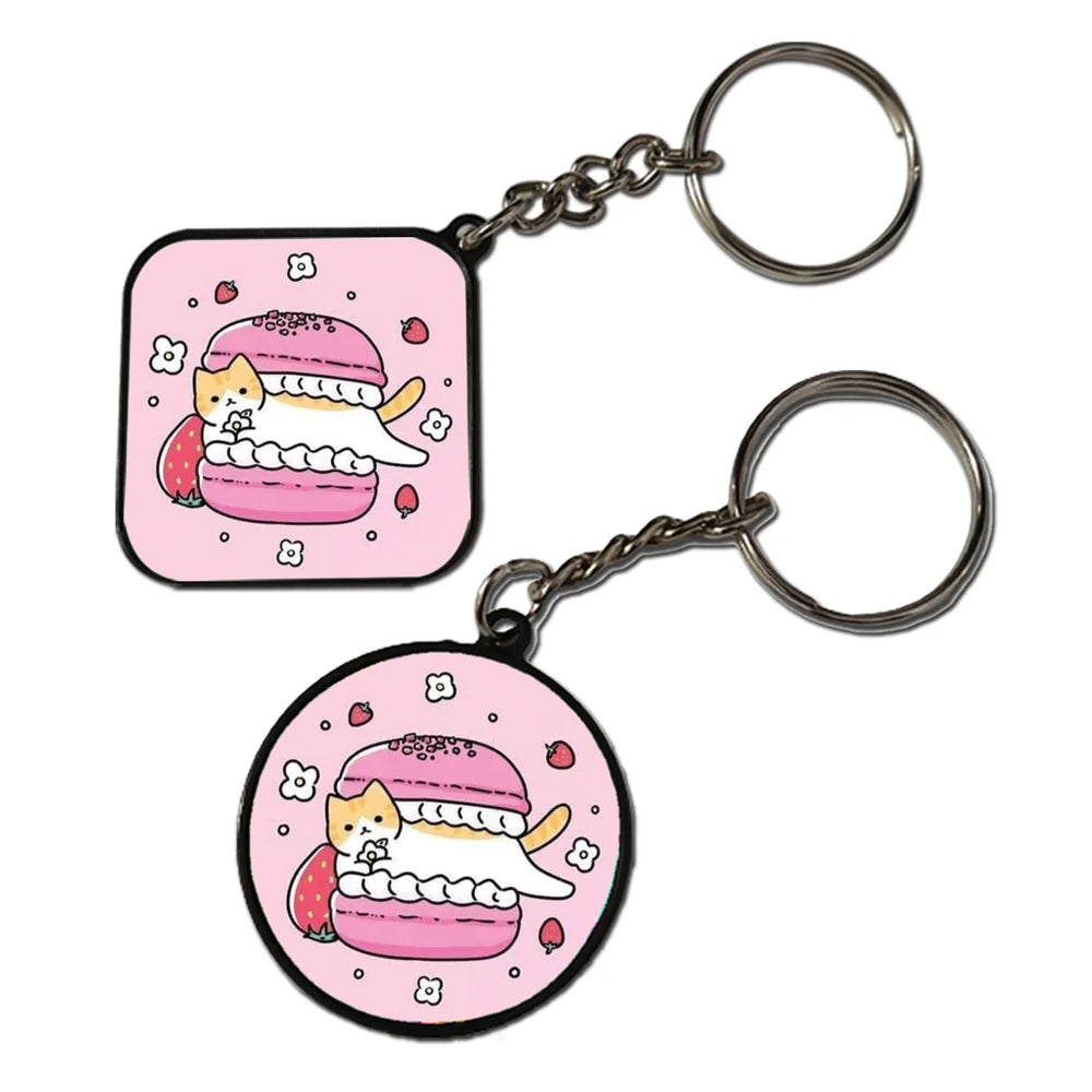 Cute Cat With Macroon - Keychain With Black Border (Pack Of 2)