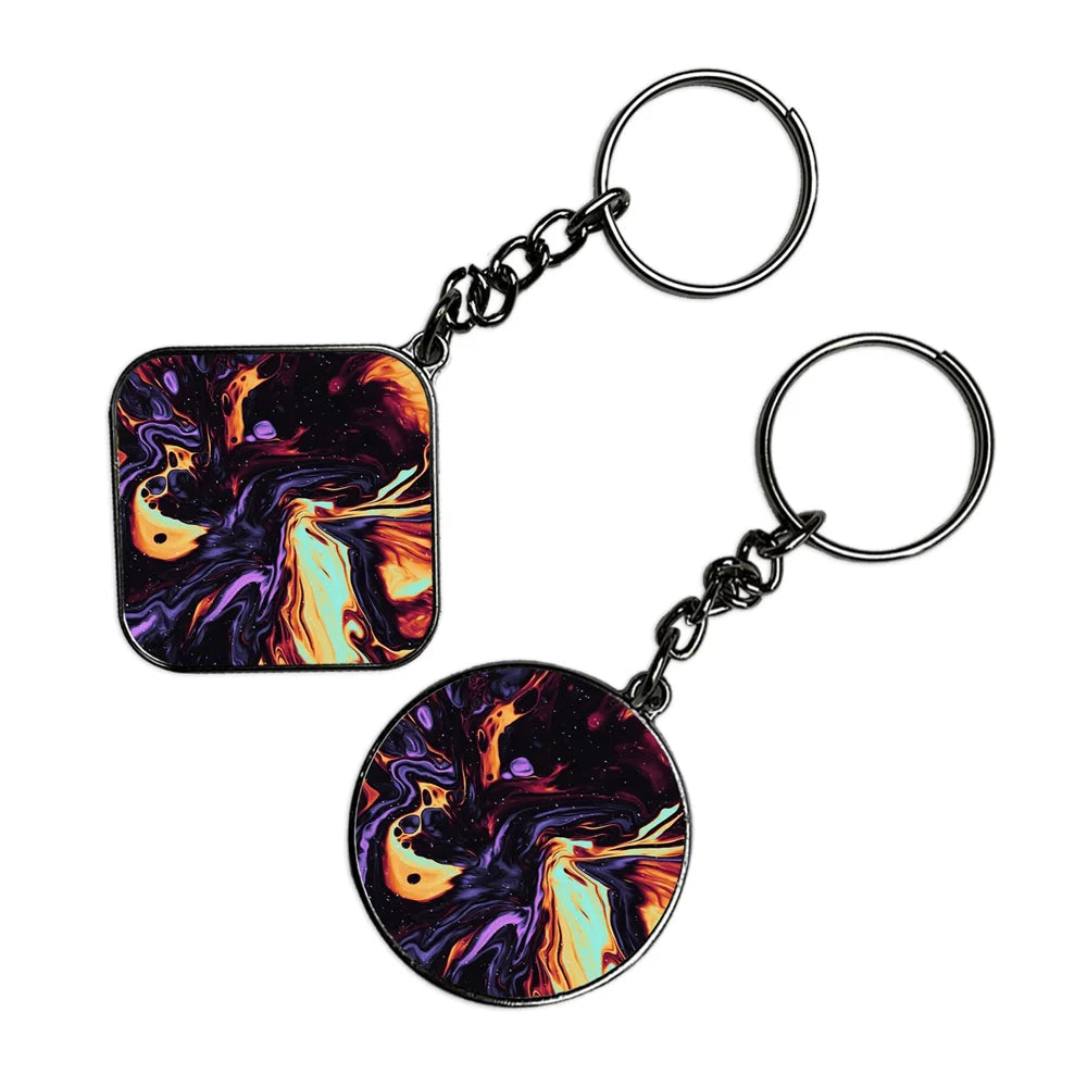 Purple & Orange Swirl - Keychain With Silver Border (Pack Of 2)