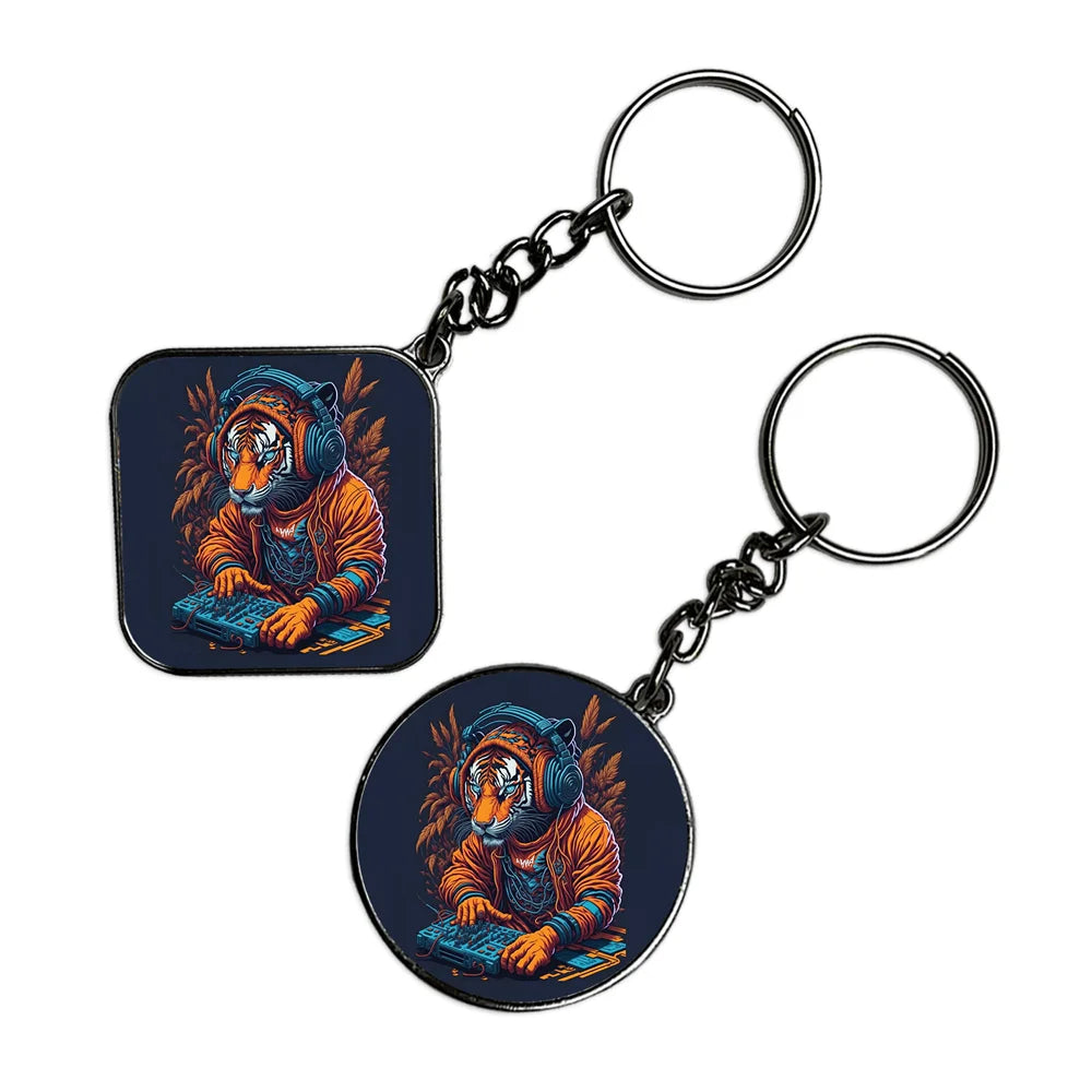 Tiger DJ - Keychain With Silver Border (Pack Of 2)