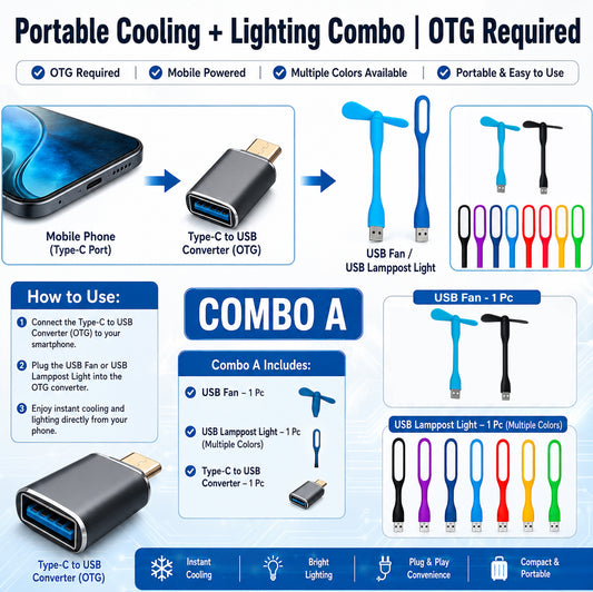 Combo of USB Fan, LED Lamp & Type-C to USB Converter Combo (OTG Required, No color choice)
