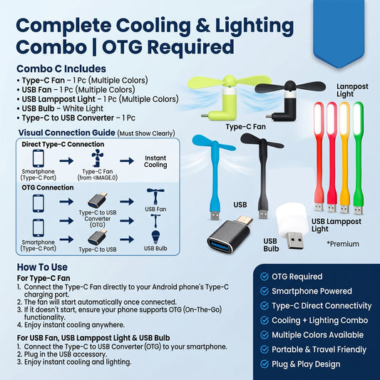 Combo of USB Fan, USB Lamp, USB Bulb, Type-C USB Converter & C-Type Fan (OTG Required, No color choice)