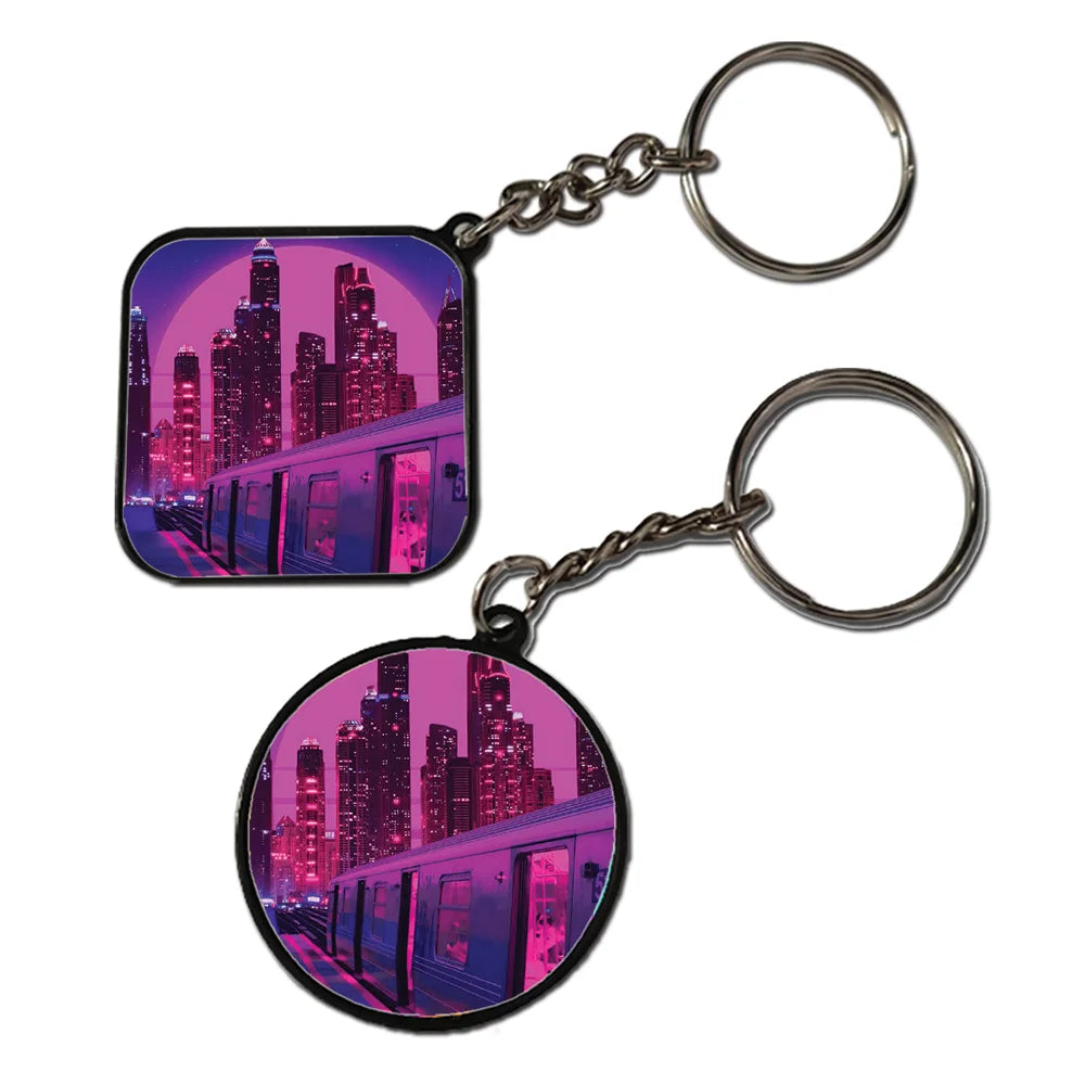 Neon City Snythwave - Keychain With Black Border (Pack Of 2)