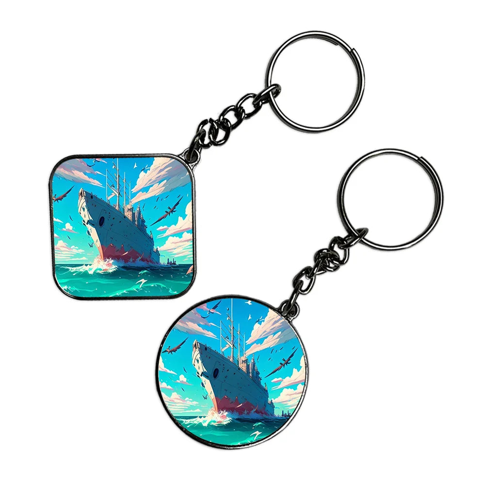 Ship And Birds - Keychain With Silver Border (Pack Of 2)