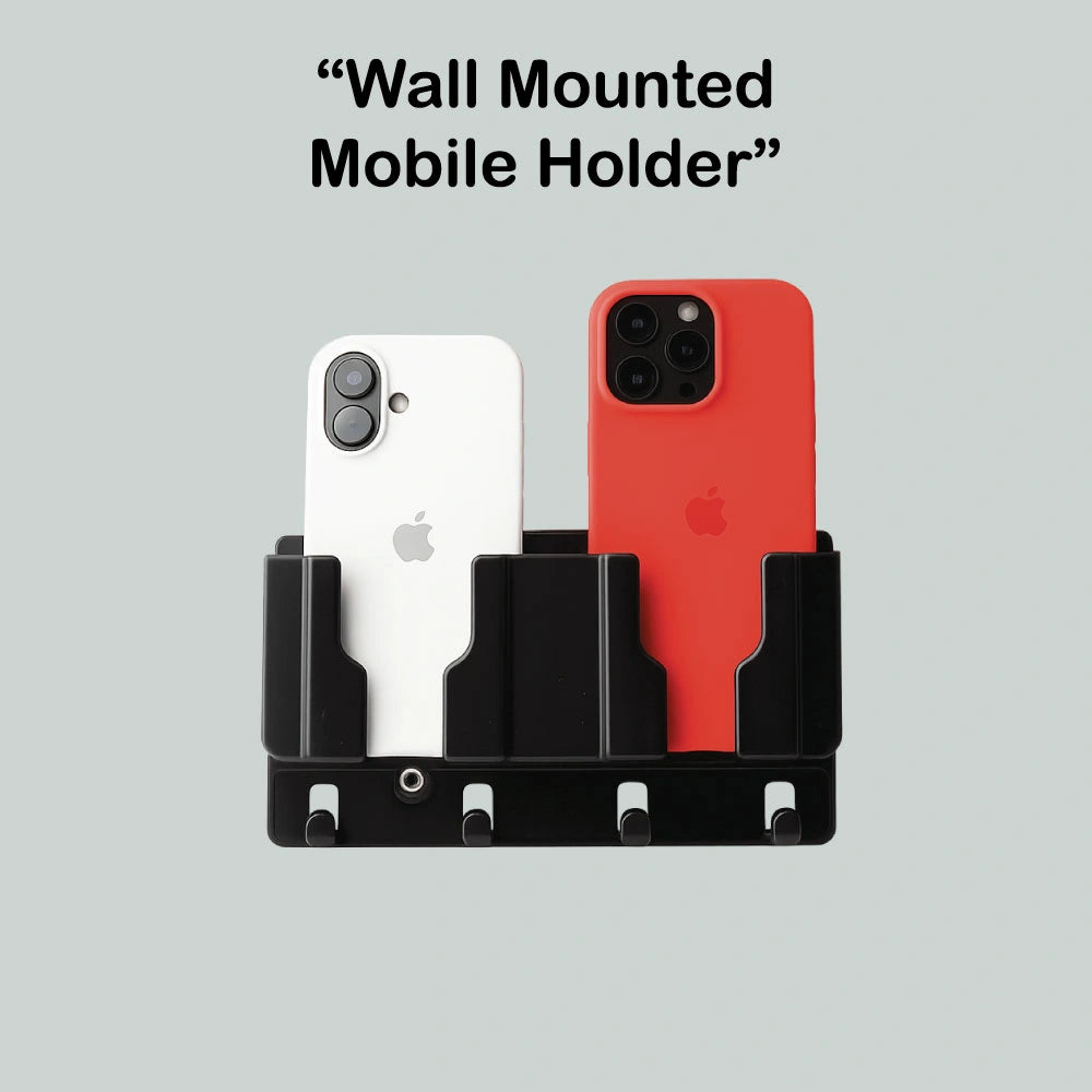 Wall Mounted Mobile Stand and Key Organizer – Dual Phone Holder with Hooks