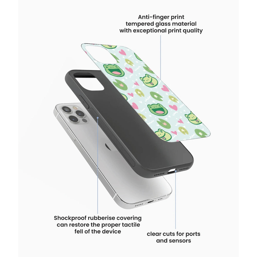 Cute Frog & Heart Pattern - Glass Case For Apple iPhone Infographic