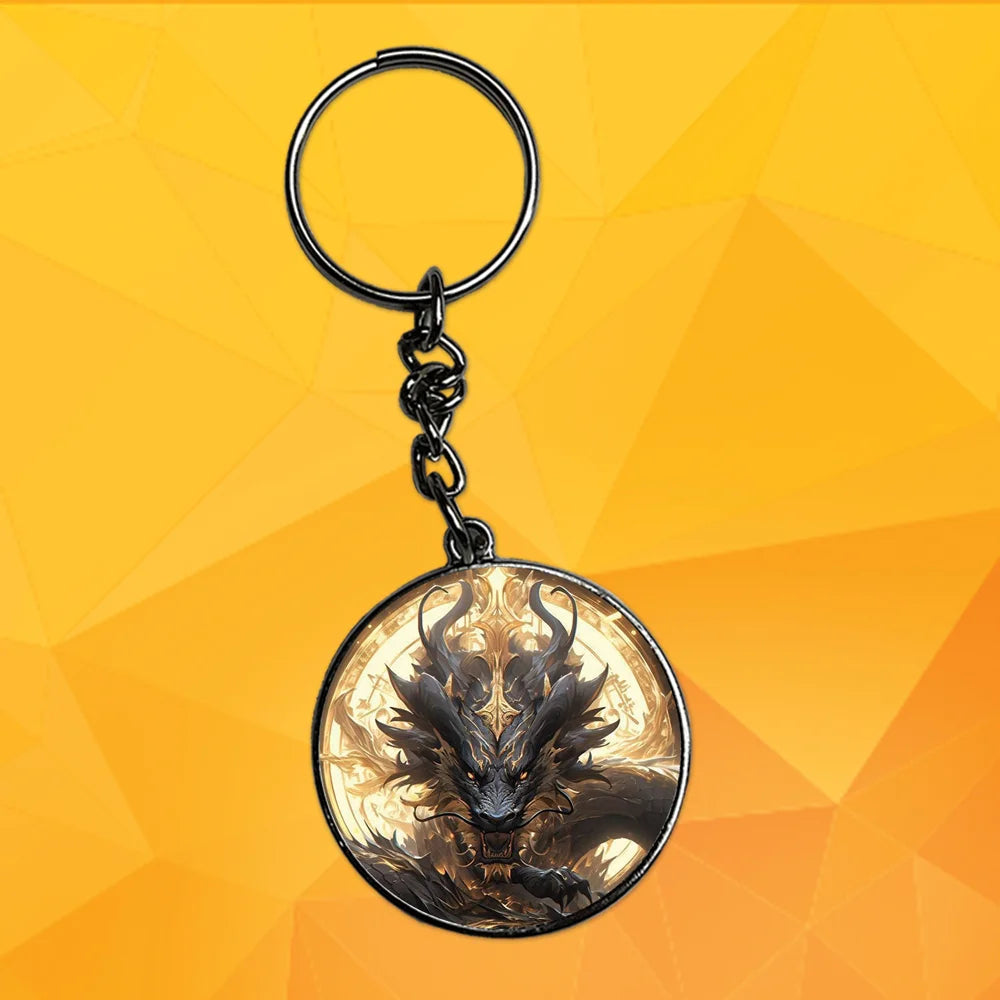 Black And Gold Dragon - Keychain With Silver Border (Pack Of 2)
