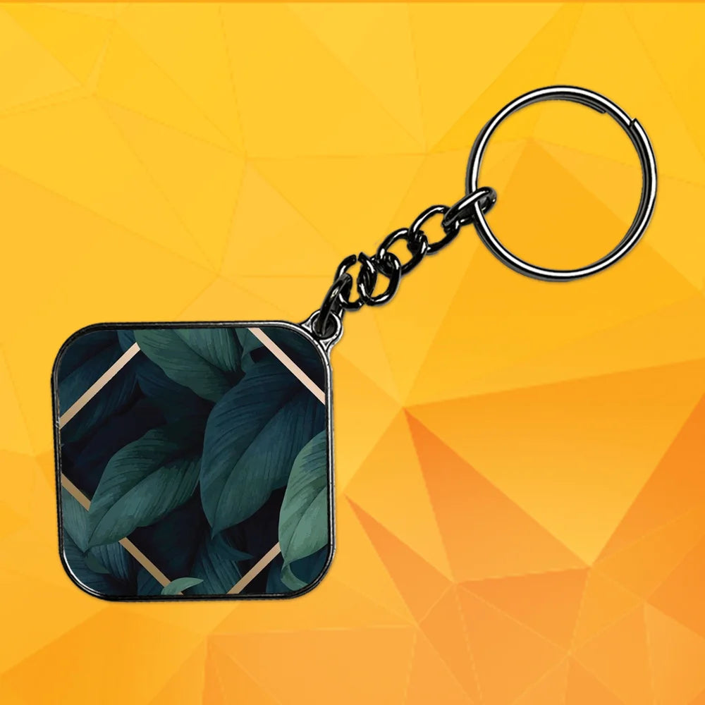 Leaves in a Square - Keychain With Silver Border (Pack Of 2)