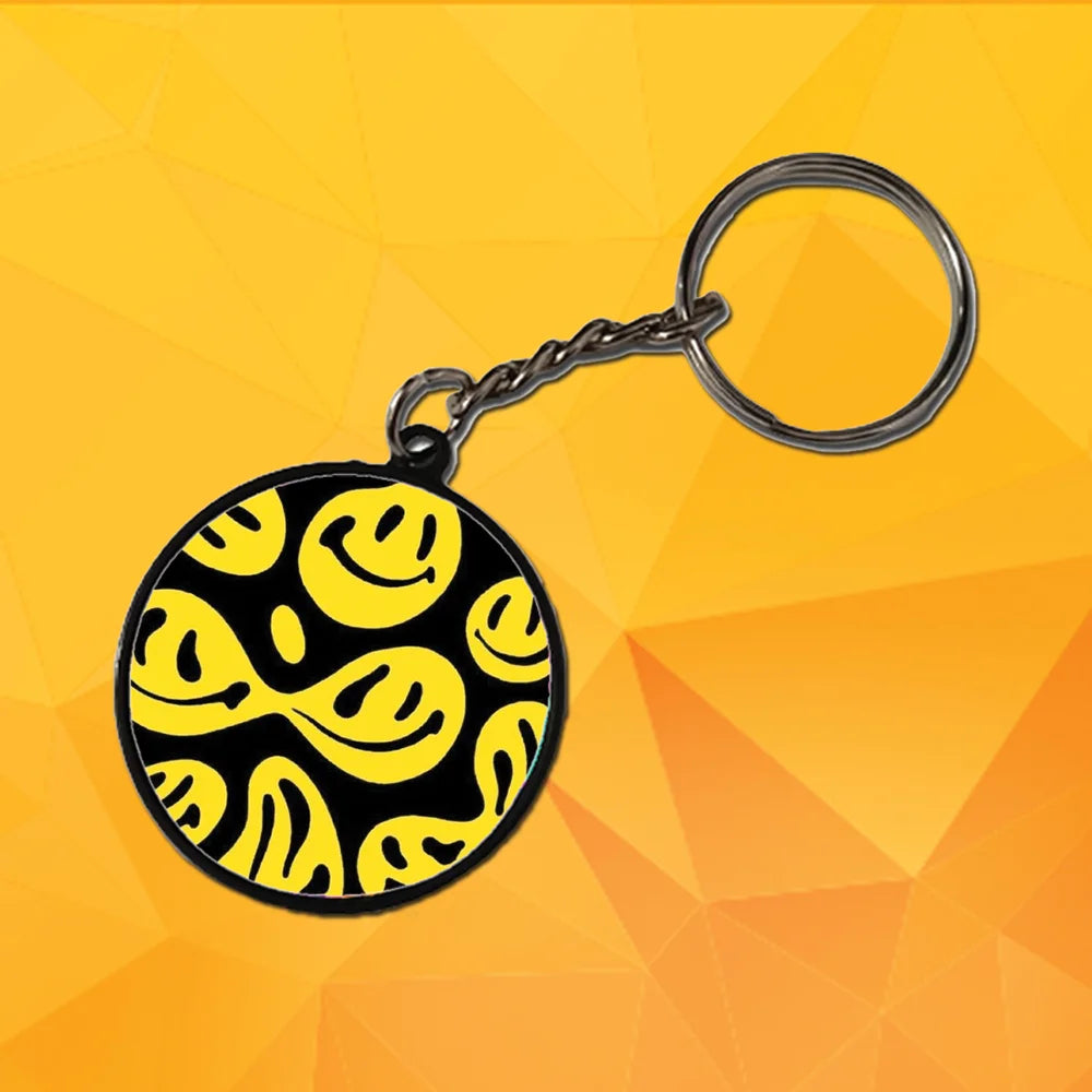 Abstract Yellow Smile Faces on Black - Keychain With Black Border (Pack Of 2)