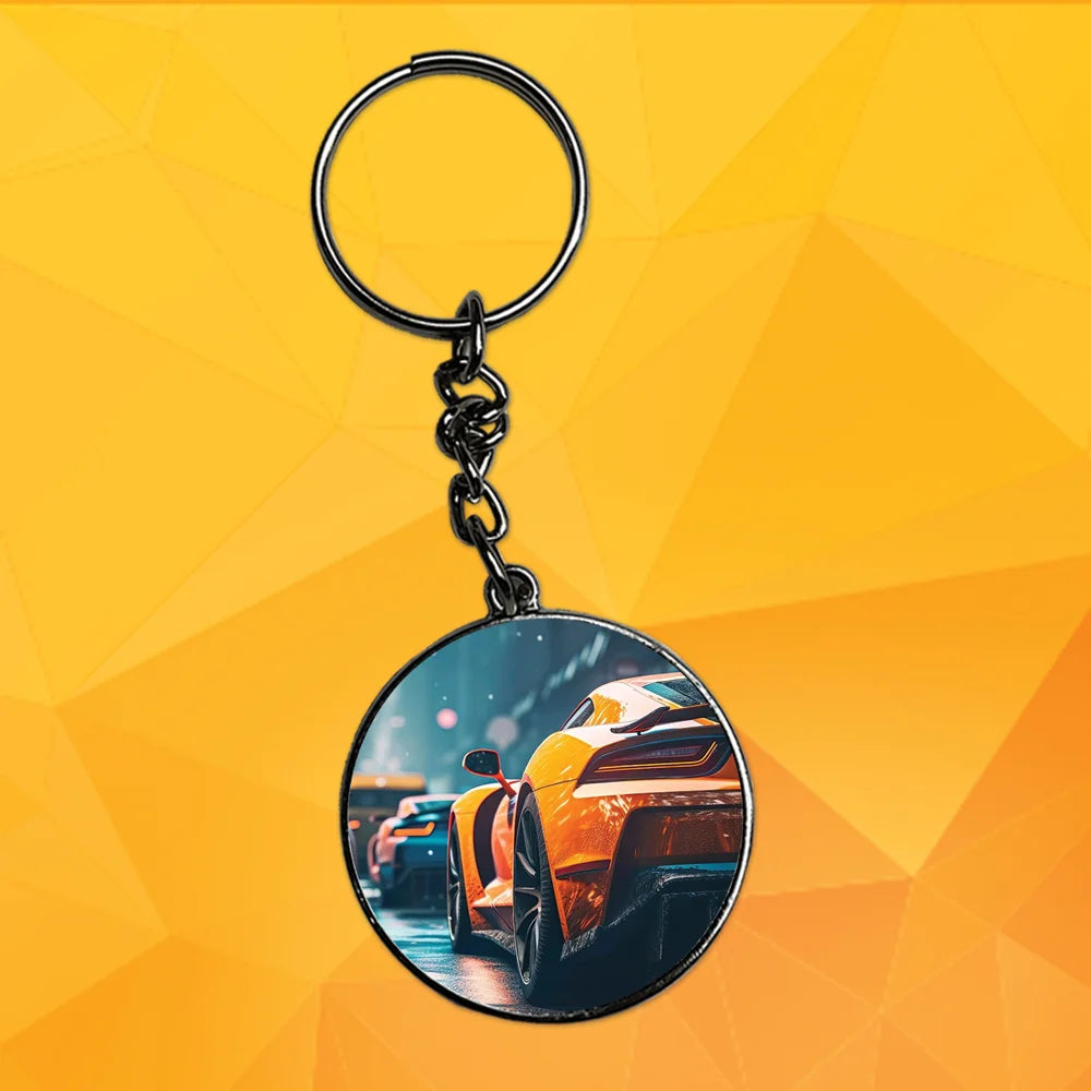 Orange Car - Keychain With Silver Border (Pack Of 2)