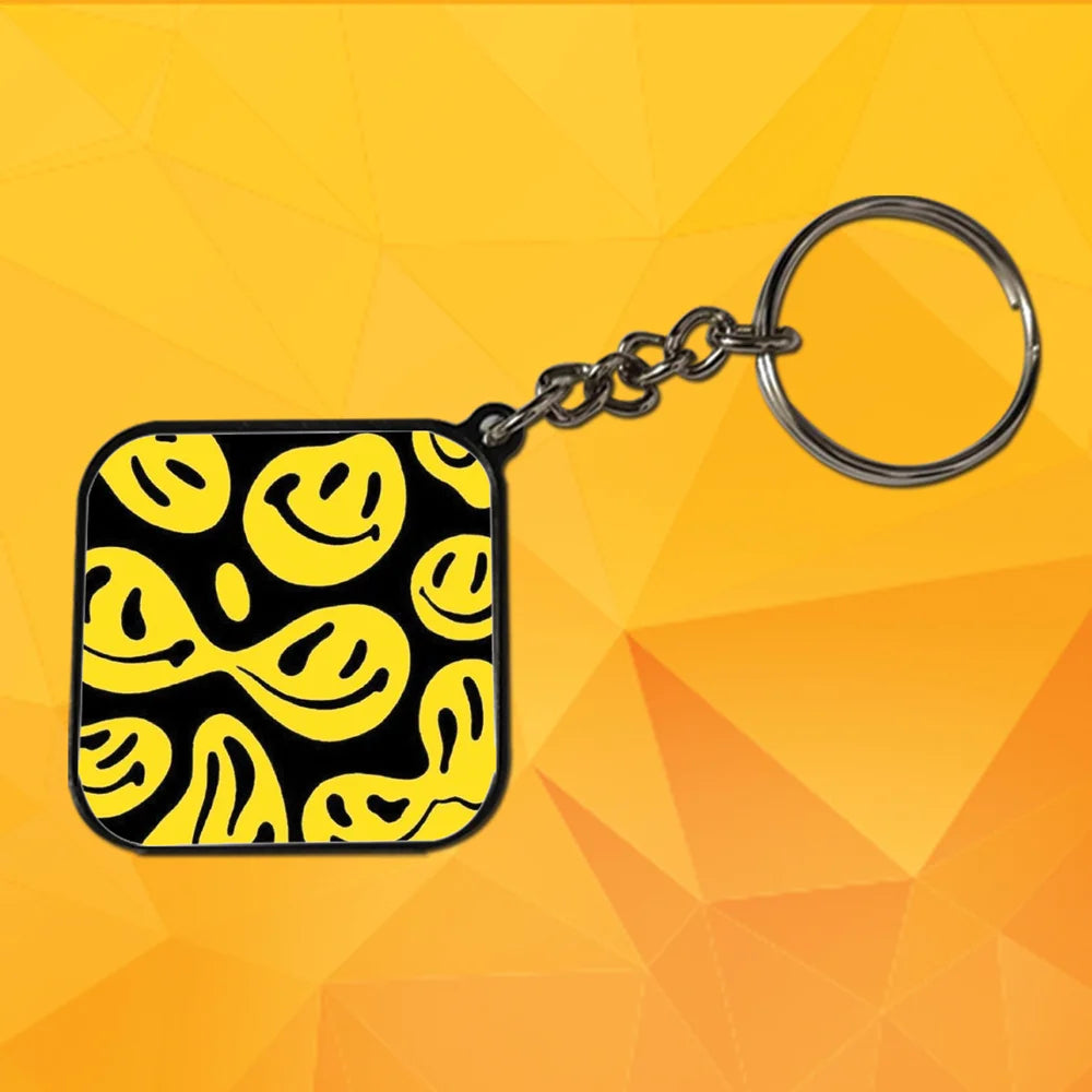 Abstract Yellow Smile Faces on Black - Keychain With Black Border (Pack Of 2)