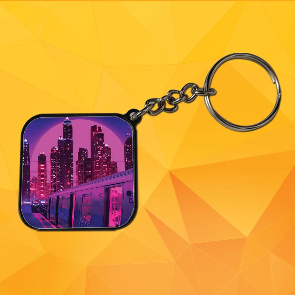 Neon City Snythwave - Keychain With Black Border (Pack Of 2)