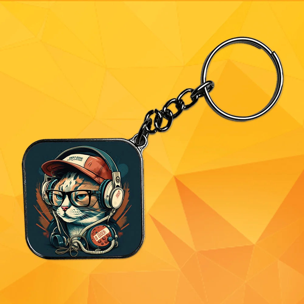 Cat DJ - Keychain With Silver Border (Pack Of 2)