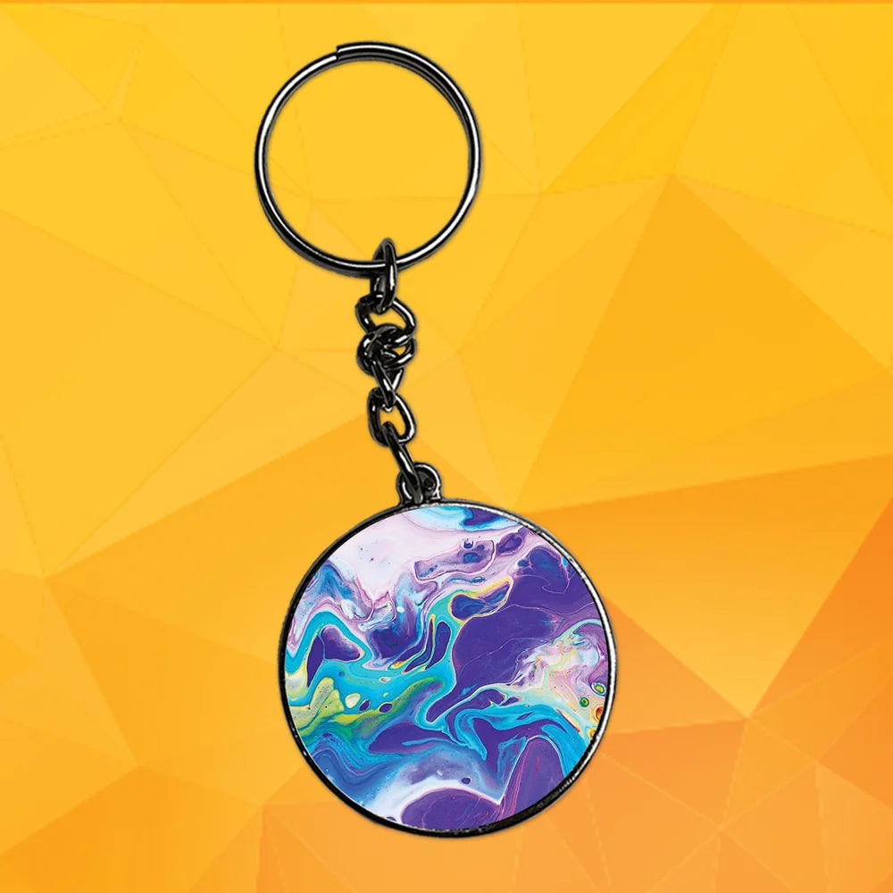 Purple And Blue Swirl - Keychain With Silver Border (Pack Of 2)