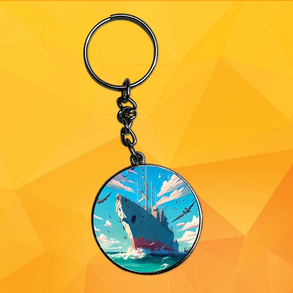 Ship And Birds - Keychain With Silver Border (Pack Of 2)