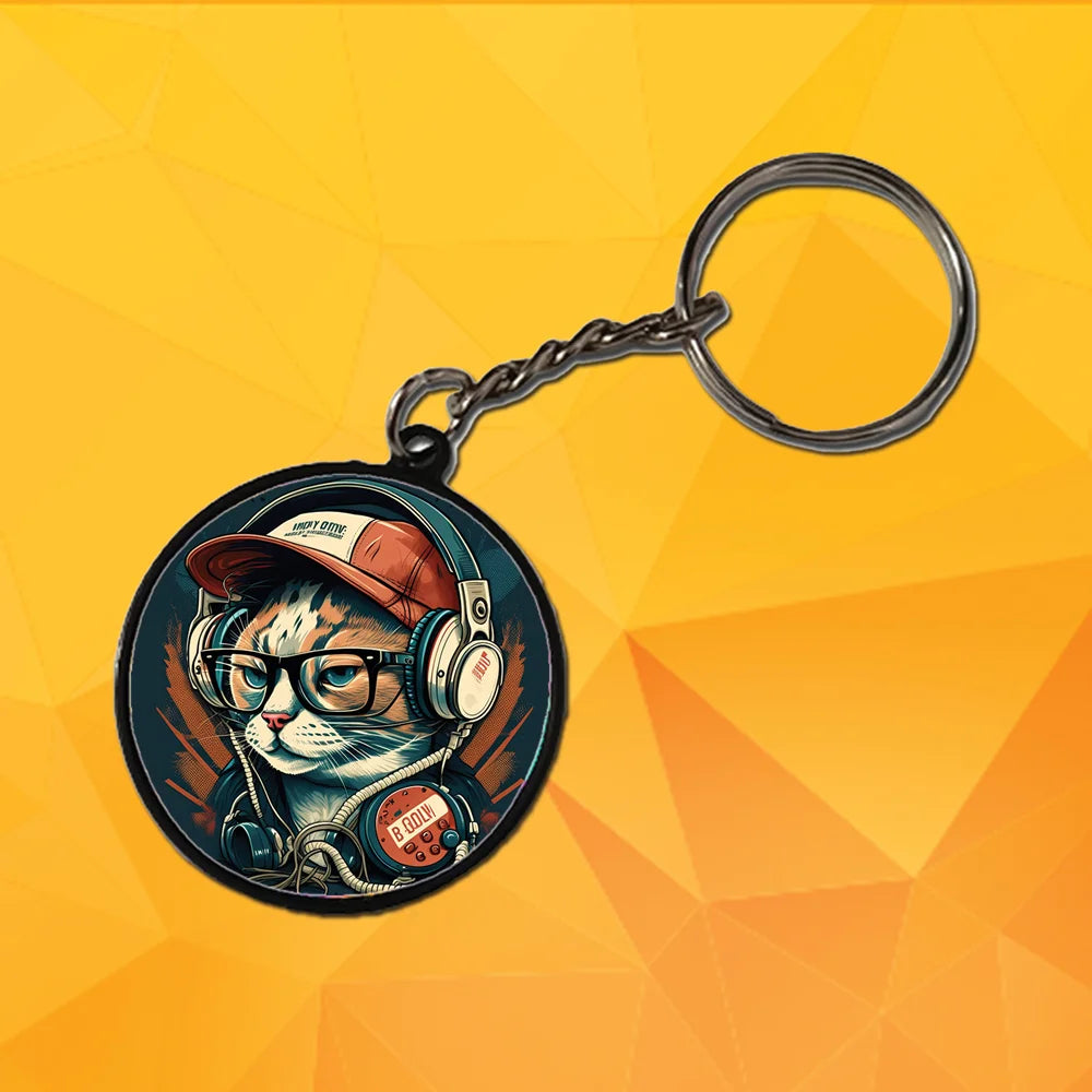 Cat DJ- Keychain With Black Border (Pack Of 2)