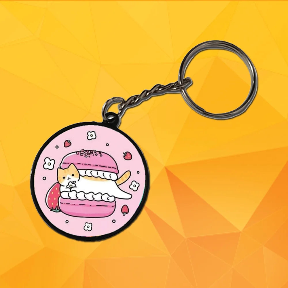 Cute Cat With Macroon - Keychain With Black Border (Pack Of 2)