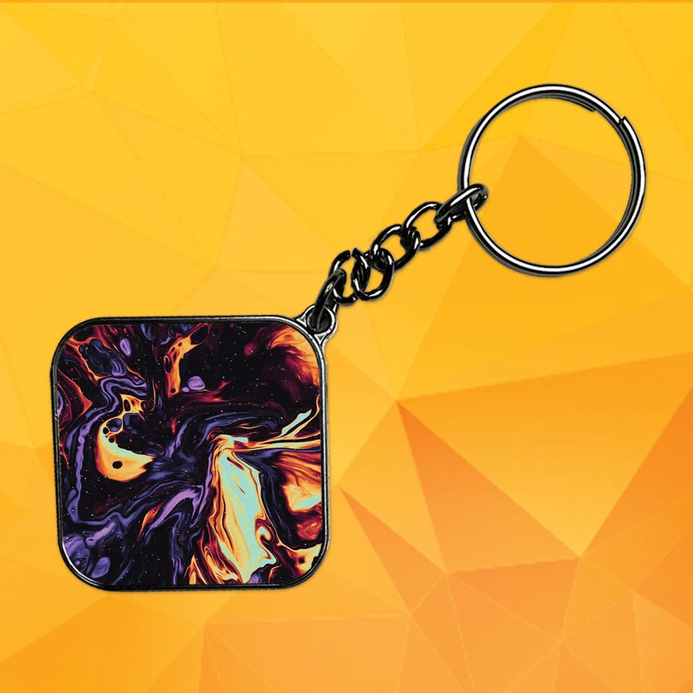 Purple & Orange Swirl - Keychain With Silver Border (Pack Of 2)