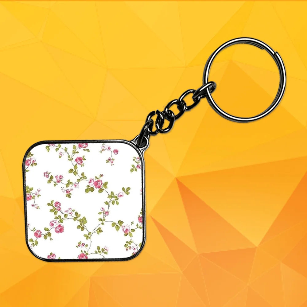 Pink Flowers - Keychain With Silver Border (Pack Of 2)