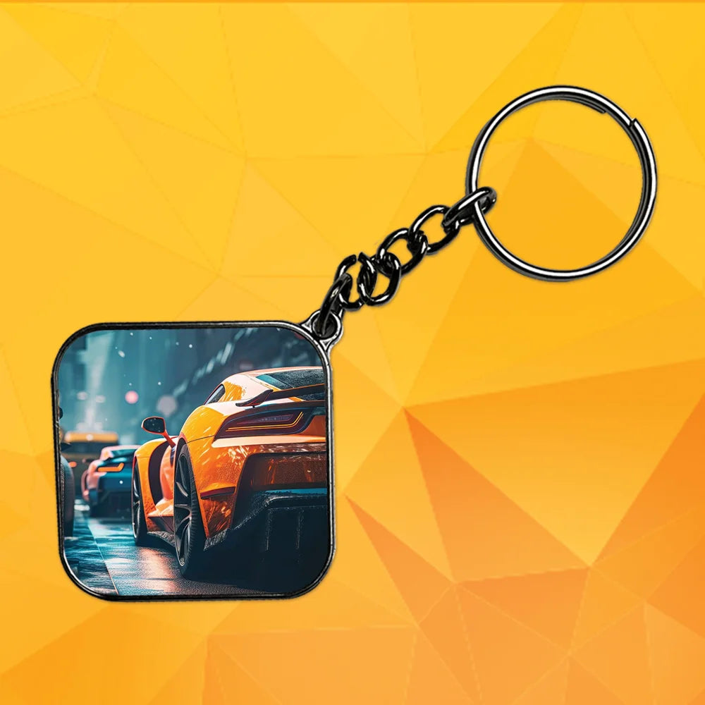 Orange Car - Keychain With Silver Border (Pack Of 2)