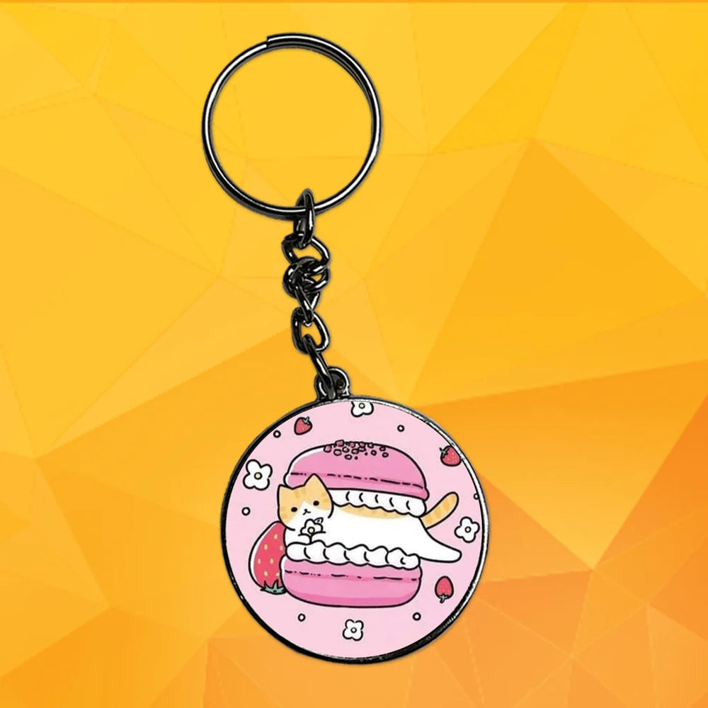 Cute Cat With Macroon - Keychain With Silver Border (Pack Of 2)