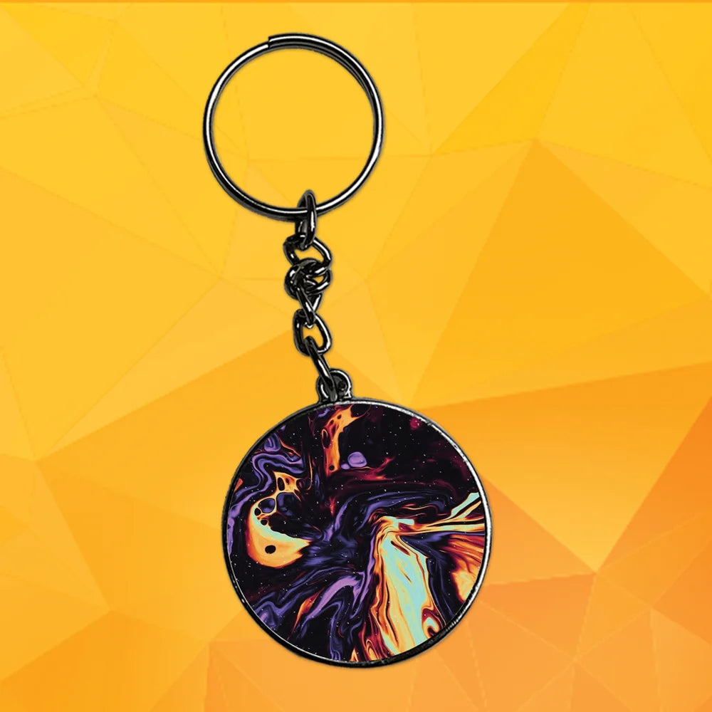 Purple & Orange Swirl - Keychain With Silver Border (Pack Of 2)