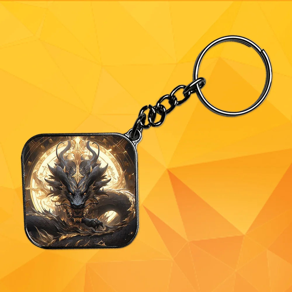 Black And Gold Dragon - Keychain With Silver Border (Pack Of 2)
