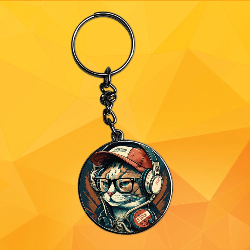 Cat DJ - Keychain With Silver Border (Pack Of 2)