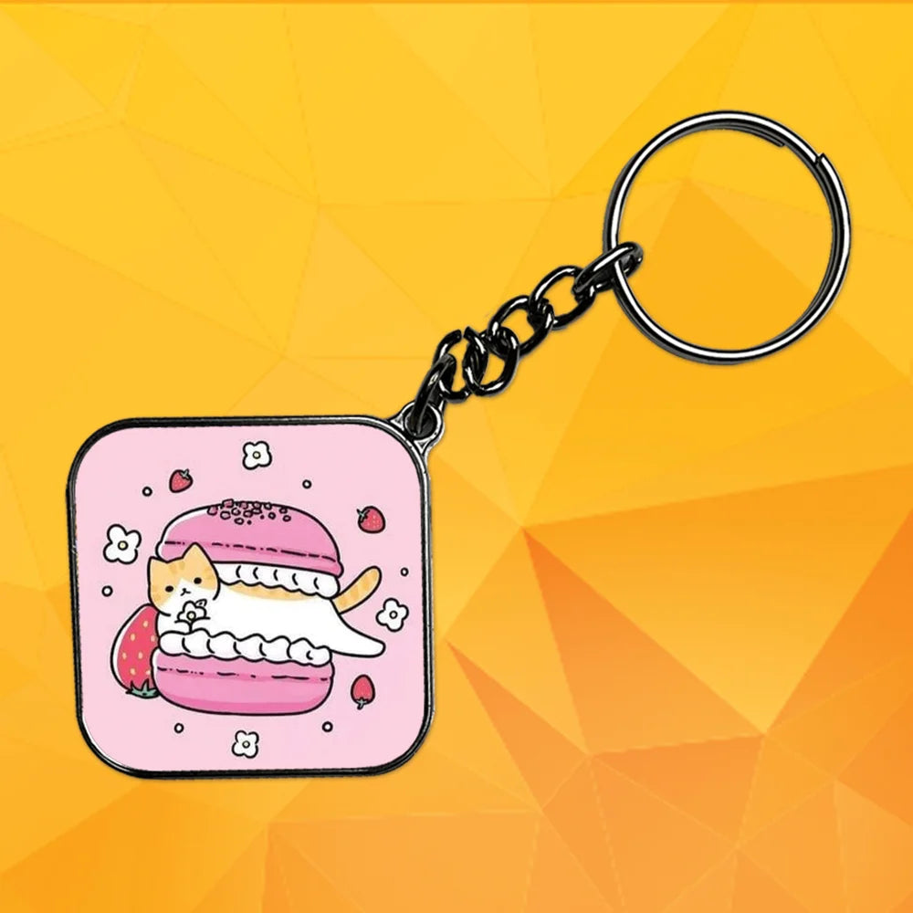 Cute Cat With Macroon - Keychain With Silver Border (Pack Of 2)