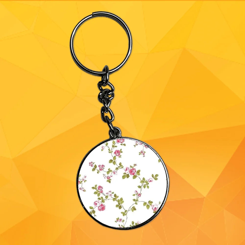 Pink Flowers - Keychain With Silver Border (Pack Of 2)