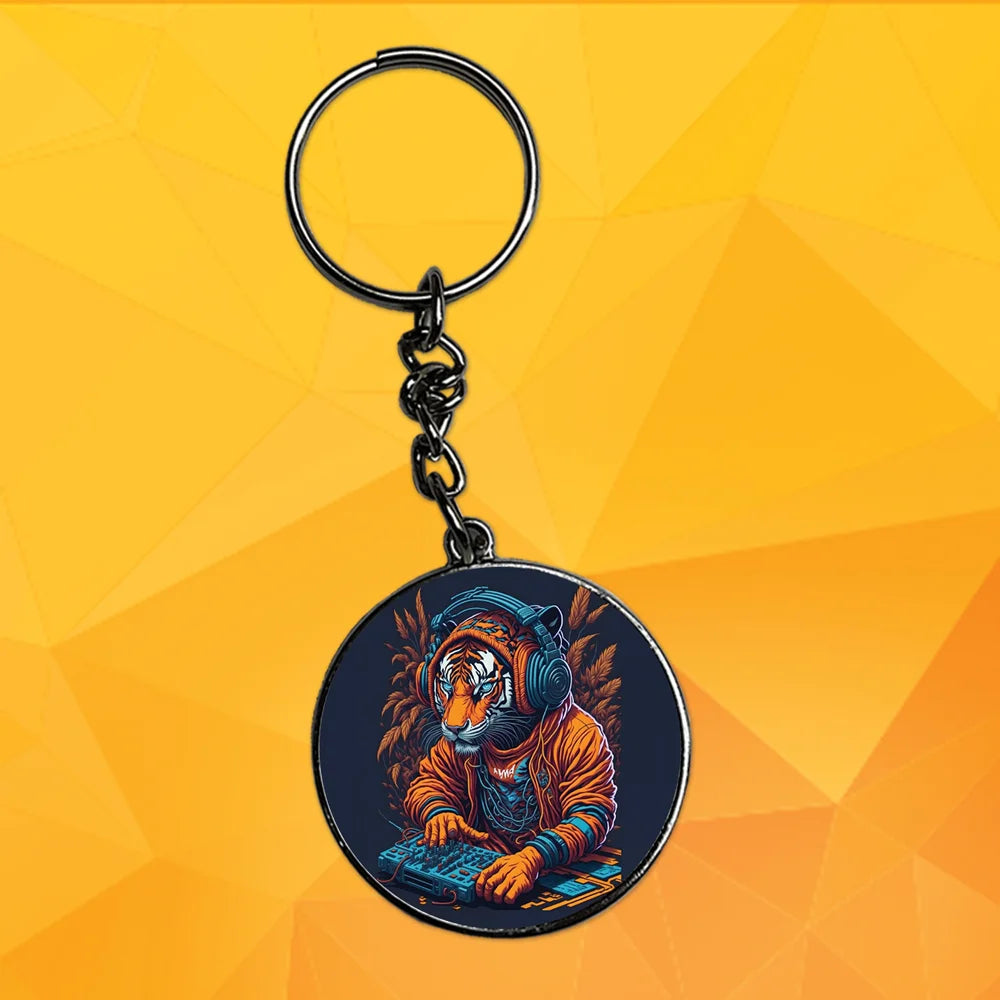 Tiger DJ - Keychain With Silver Border (Pack Of 2)