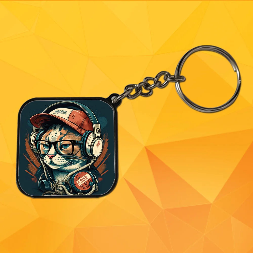 Cat DJ- Keychain With Black Border (Pack Of 2)