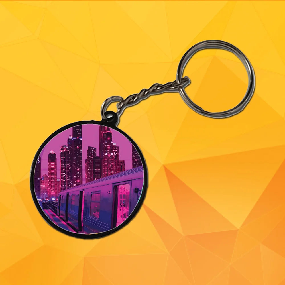Neon City Snythwave - Keychain With Black Border (Pack Of 2)