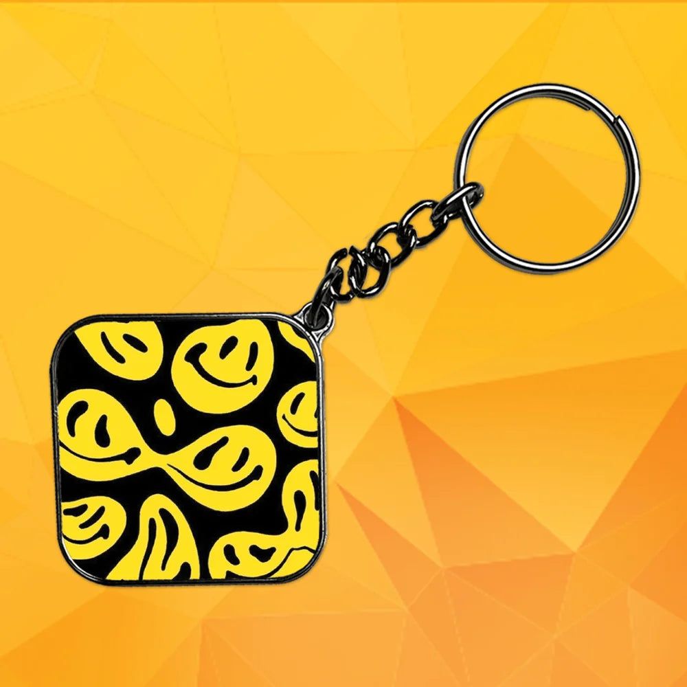 Abstract Yellow Smile Faces on Black - Keychain With Silver Border (Pack Of 2)