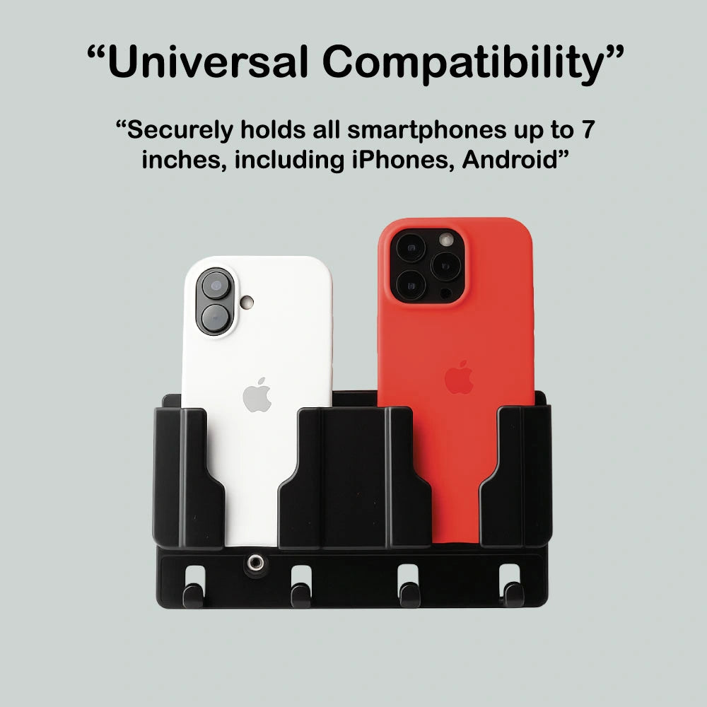 Wall Mounted Mobile Stand and Key Organizer – Dual Phone Holder with Hooks