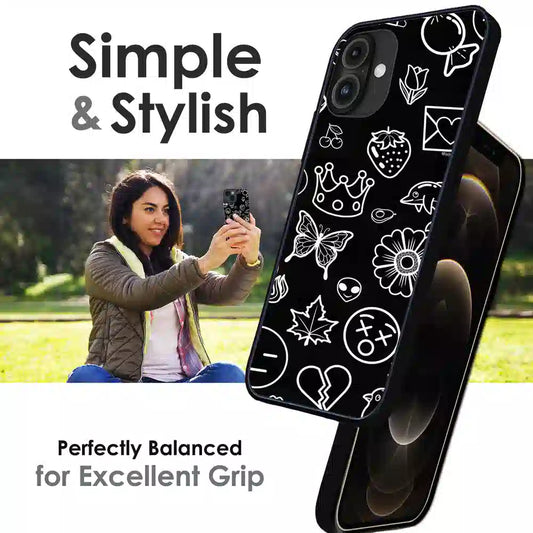 Black Doodle Icons Pattern - Glossy Metal Silicone Case For Apple iPhone Infographic