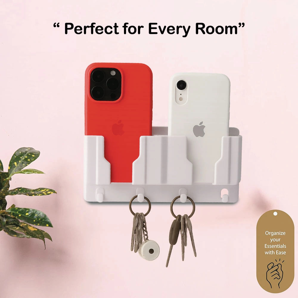Wall Mounted Mobile Stand and Key Organizer – Dual Phone Holder with Hooks