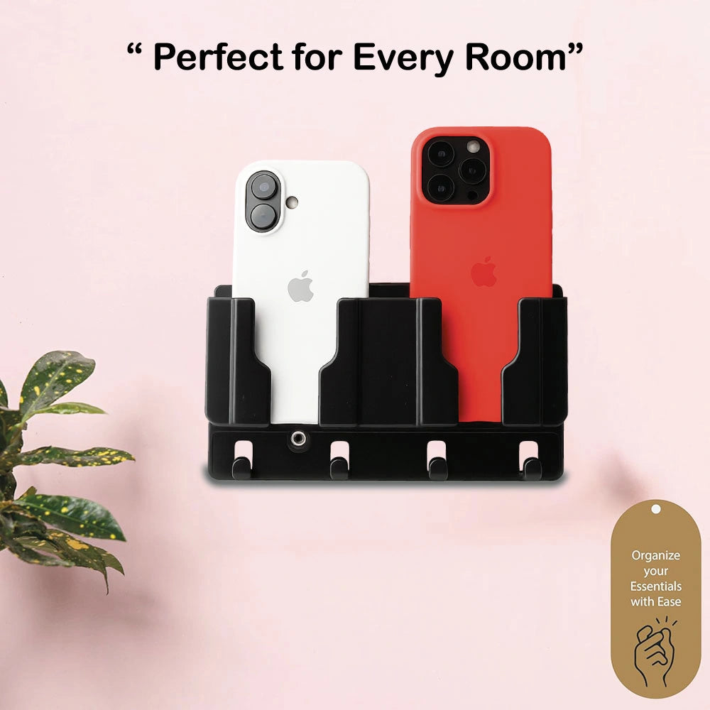 Wall Mounted Mobile Stand and Key Organizer – Dual Phone Holder with Hooks