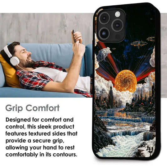 Cosmic Fantasy Sun Landscape - Glossy Metal Silicone Case For Apple iPhone Infographic