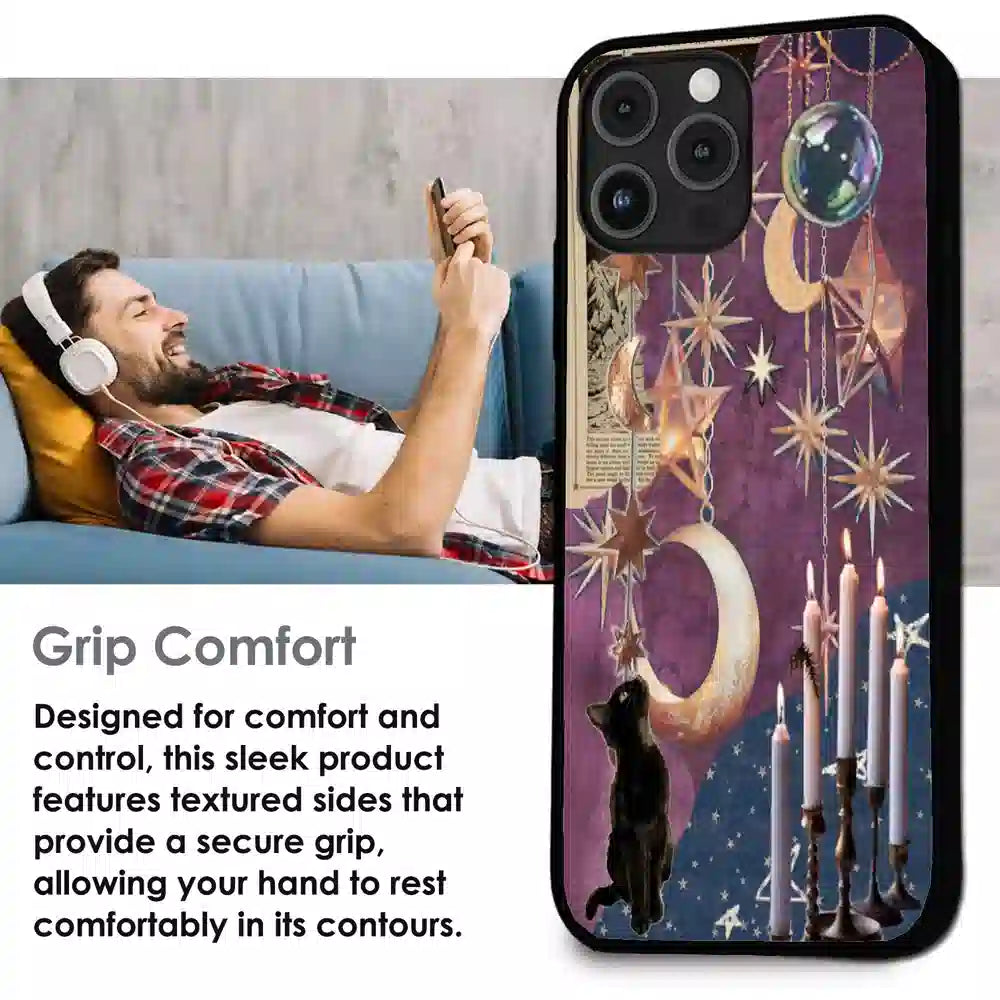 Celestial Moon Cat Art - Glossy Metal Silicone Case For Apple iPhone Infographic