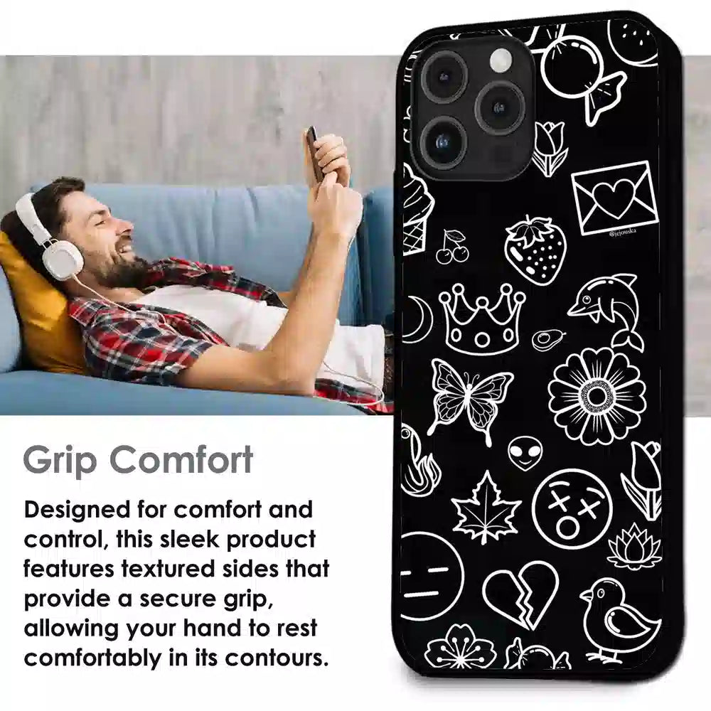 Black Doodle Icons Pattern - Glossy Metal Silicone Case For Apple iPhone Infographic