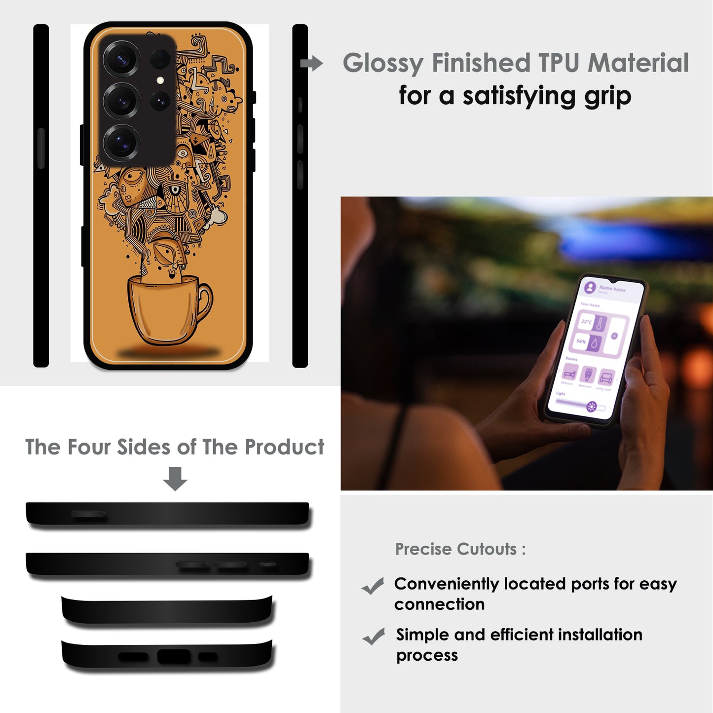 Abstract Coffee Doodle - Glossy Metal Silicone Cases for Samsung Models