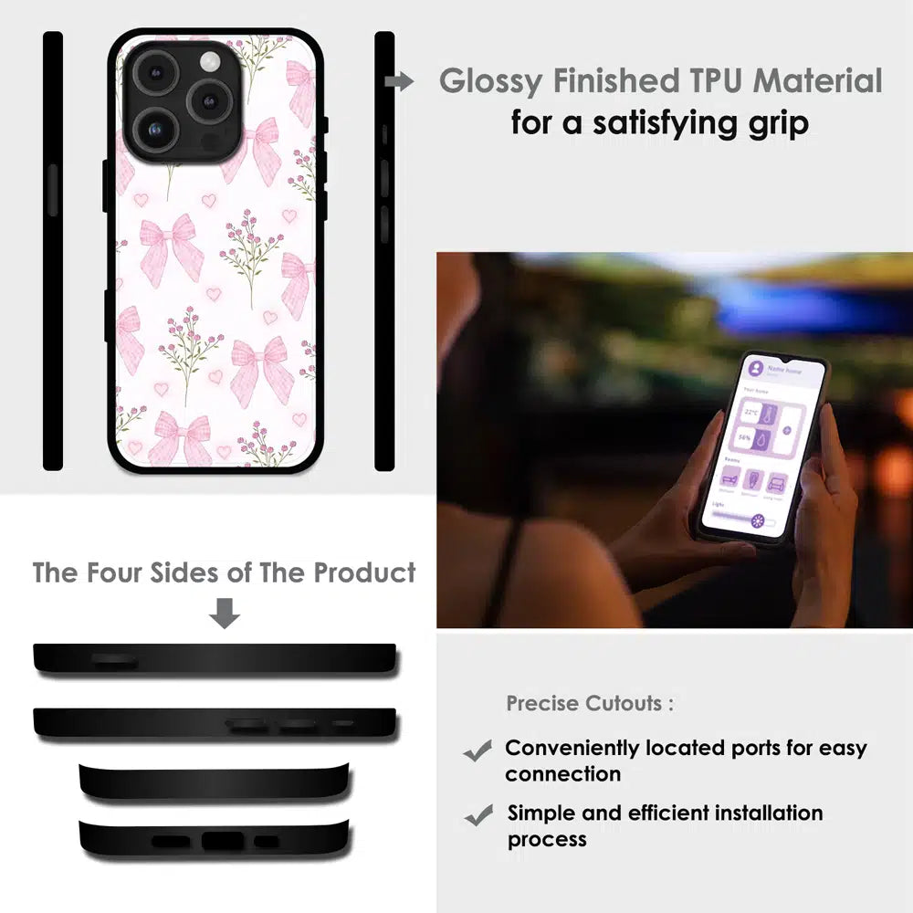 Pink Bow Floral Pattern - Glossy Metal Silicone Case For Apple iPhone Infographic