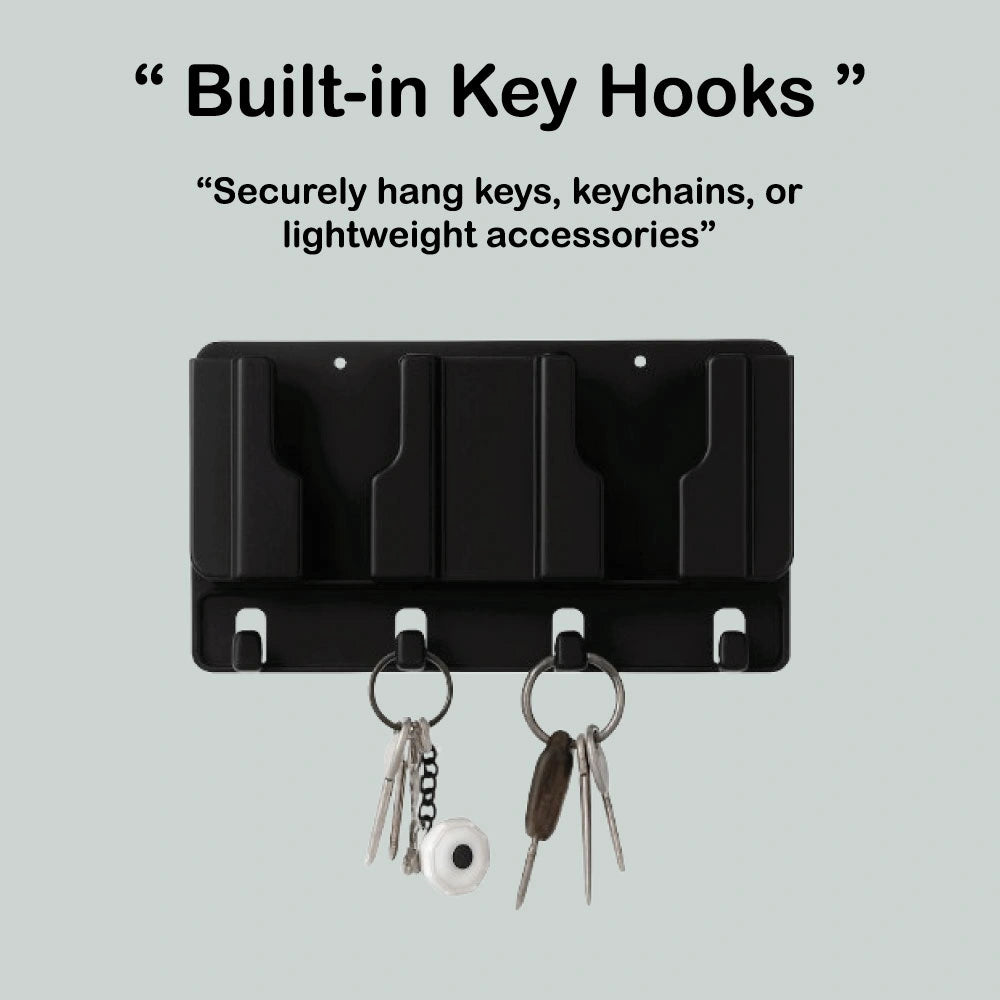 Wall Mounted Mobile Stand and Key Organizer – Dual Phone Holder with Hooks